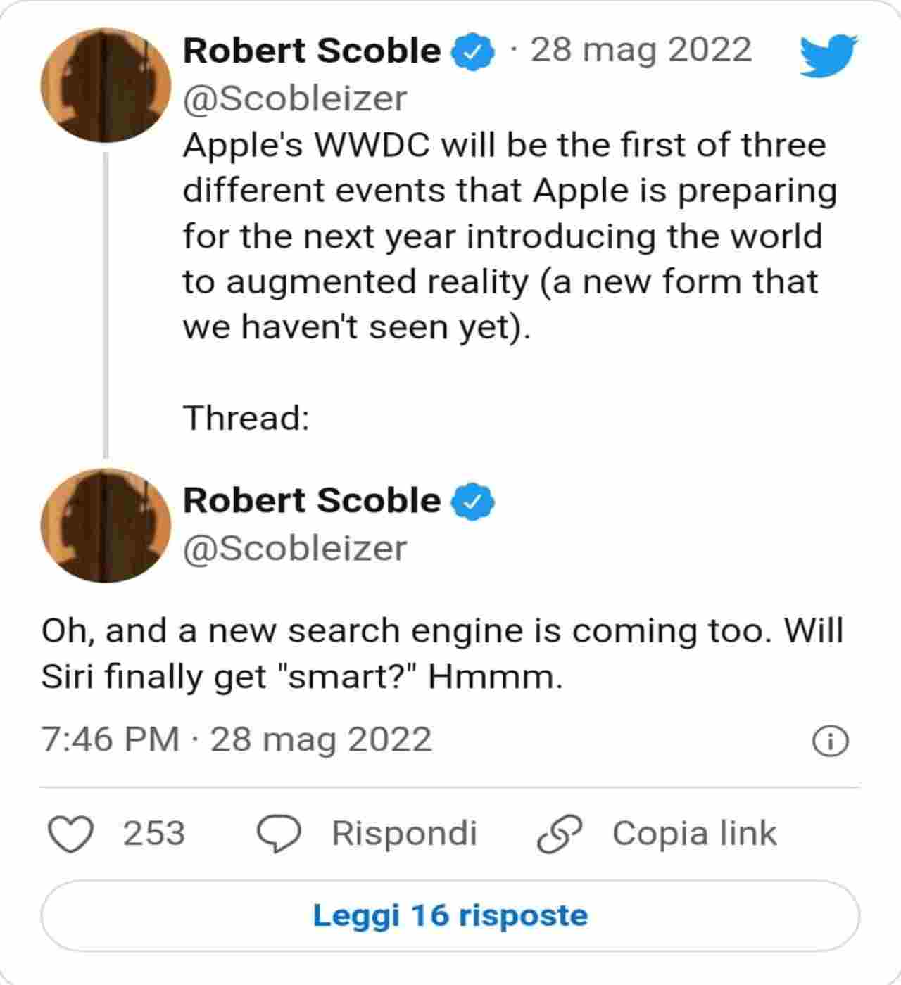 Tweet di Robert Scoble, motore di ricerca Apple - androiditaly.com